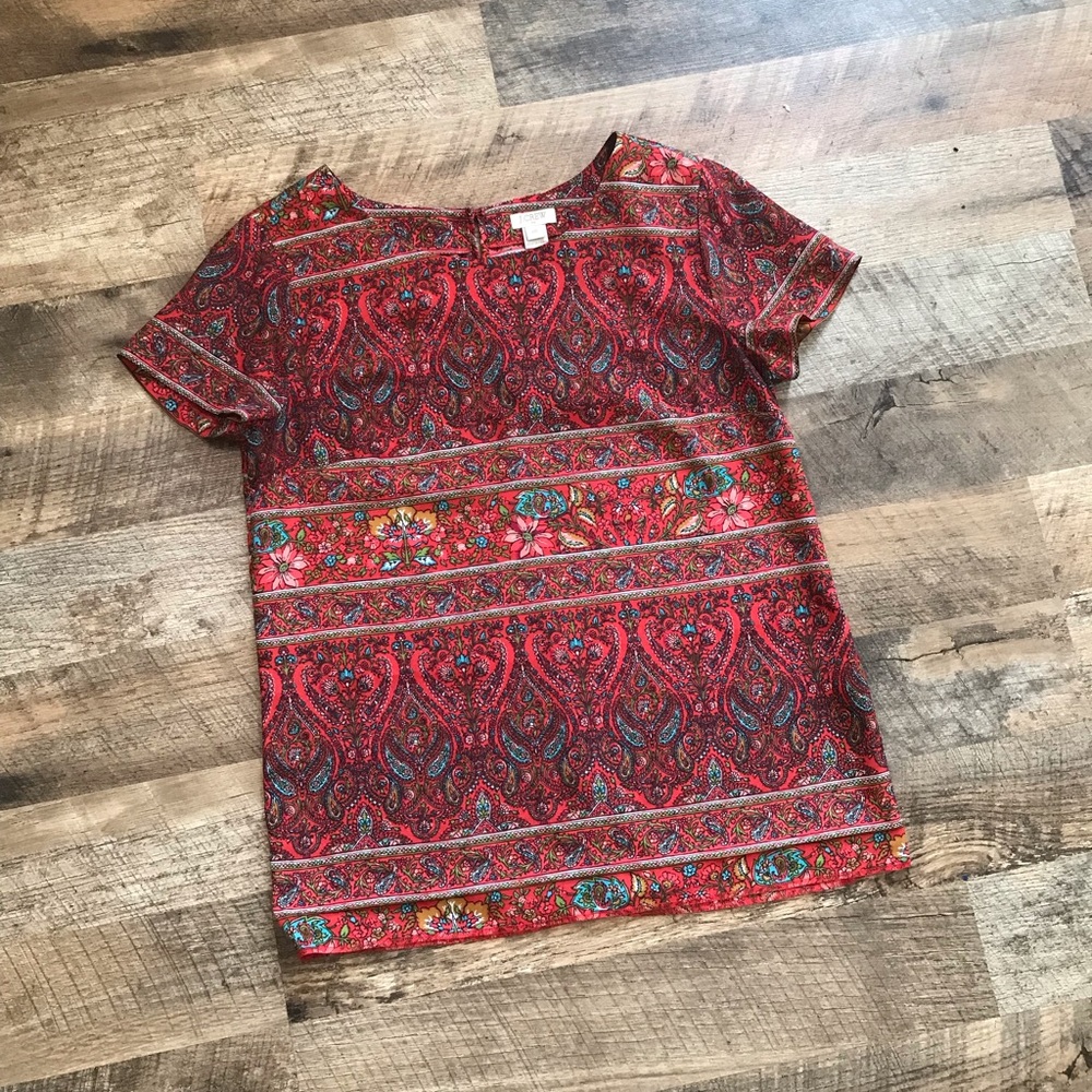 J Crew Factory Paisley Floral Red Striped Short Sleeved Blouse XXS